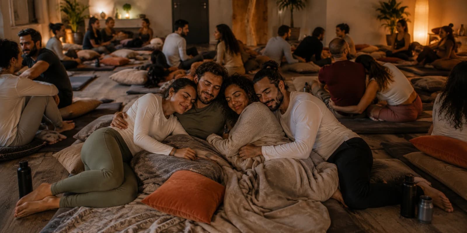 ארבעה משתתפים לבושים מתכרבלים יחד על מזרנים וכריות, בזמן שקבוצות נוספות יושבות ומשוחחות ברקע בחלל חמים ונעים.