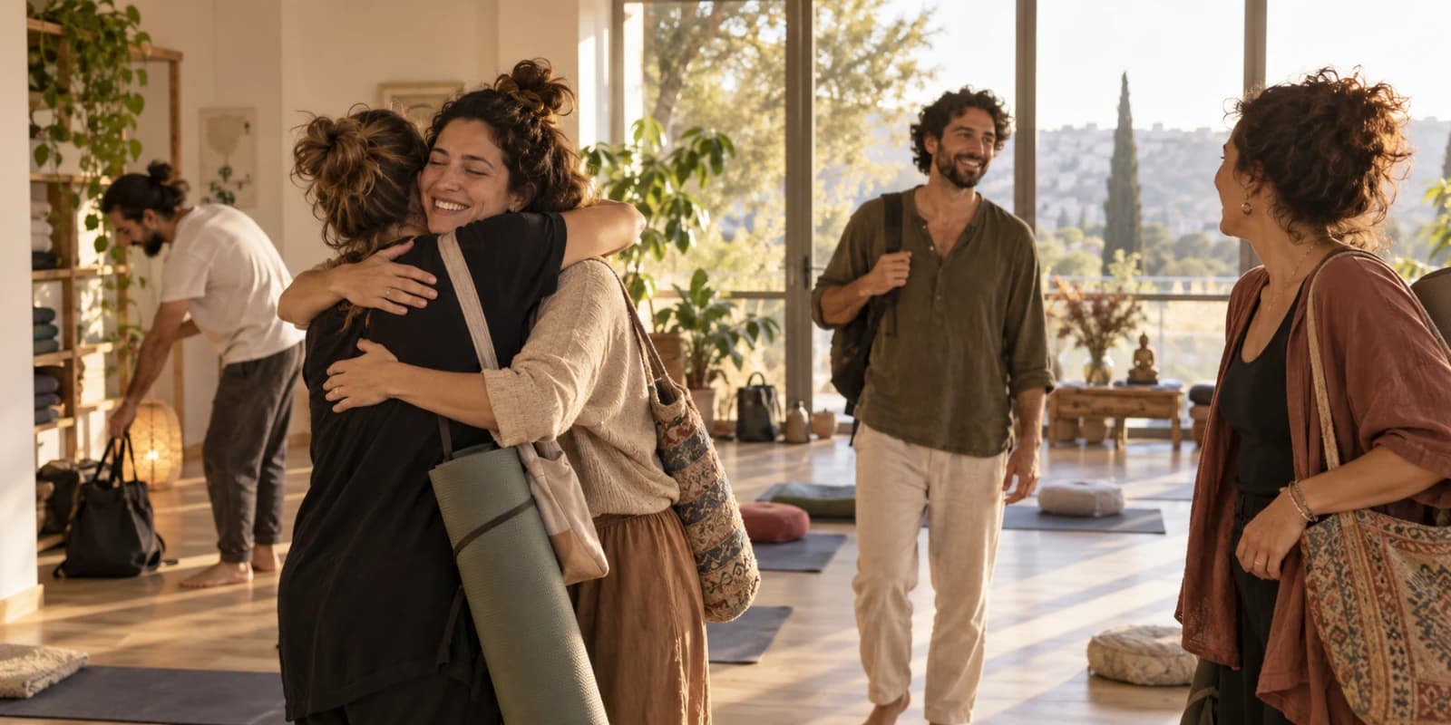 משתתפים מגיעים לסטודיו מואר לקראת סדנה, כששתי נשים מתחבקות ואחרים מברכים זה את זה.
