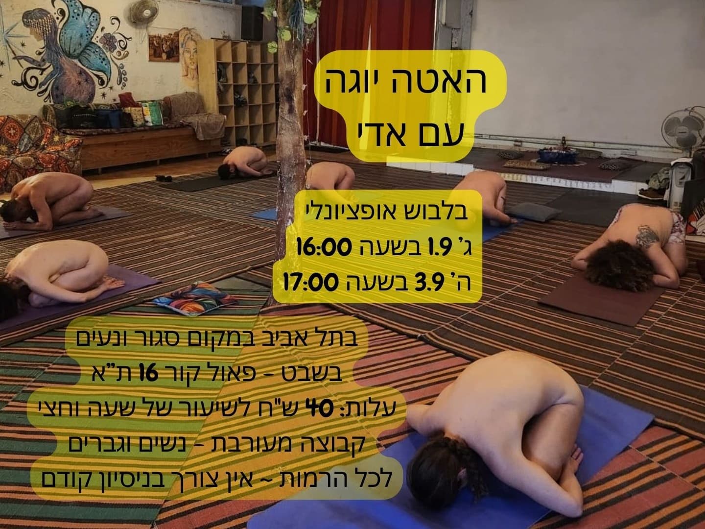 תמונה מתוך סדנת האטה יוגה בלבוש אופציונלי.
